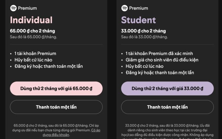 Cập nhật bảng giá các gói Spotify mới nhất (cá nhân, sinh viên, gia đình)