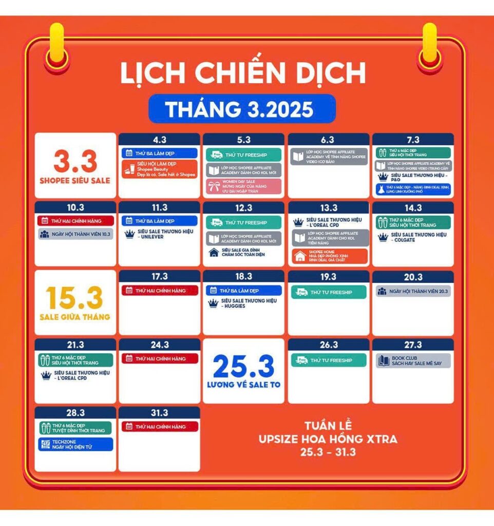 Lịch sale Shopee hàng tháng / ngày đôi